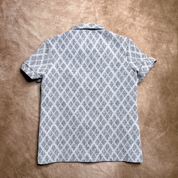 Vintage 70s Diamond Print Button Up Shirt Heavyweight Blue Short Sleeve Retro - Picture 2 of 7